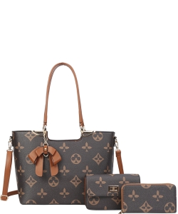 3in1 Fashion Print Design Bow Tote Bag Set DH-8093-S BROWN